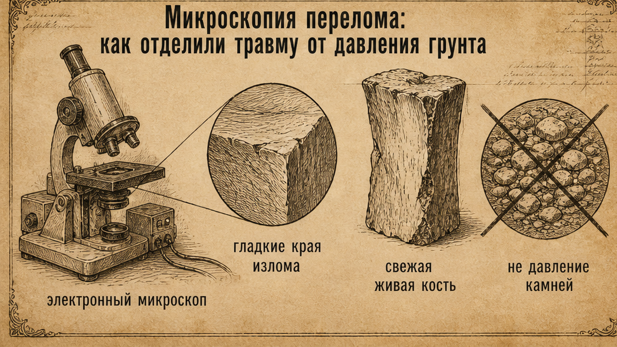 Схема: как микроскопия отличила травму от давления грунта