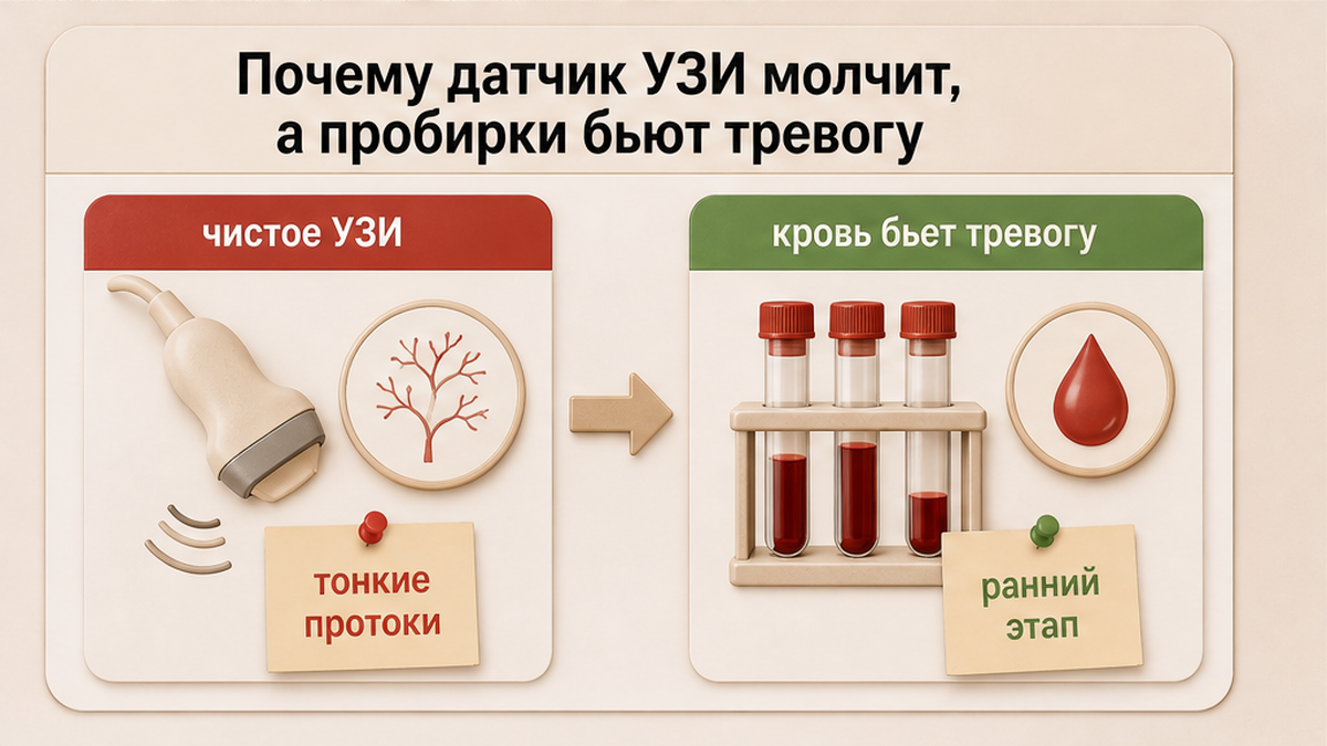 Схема: почему УЗИ молчит, а лабораторные пробирки показывают сбой