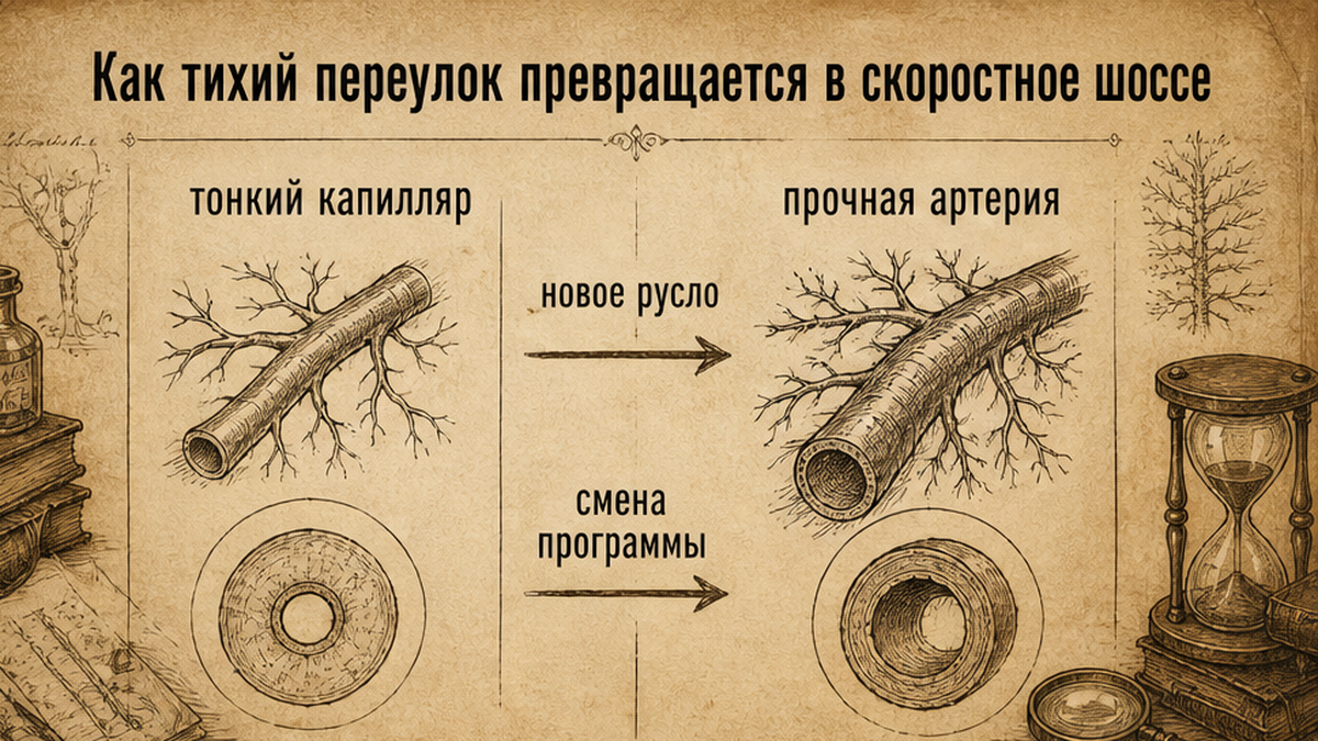 Схема: тонкий капилляр превращается в прочную обходную артерию