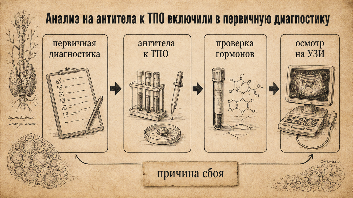 Схема: антитела к ТПО, гормоны и УЗИ в первичной диагностике гипотиреоза
