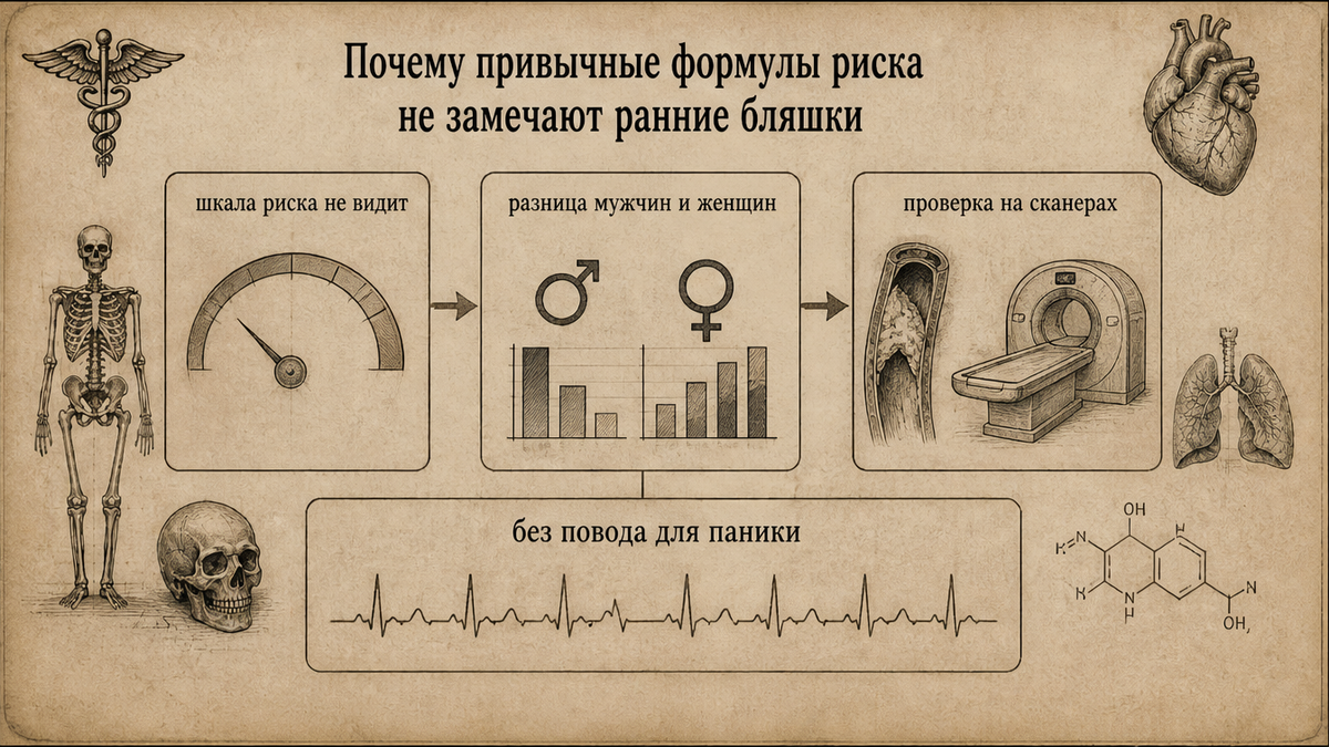 Схема: почему привычные формулы риска не замечают ранние бляшки