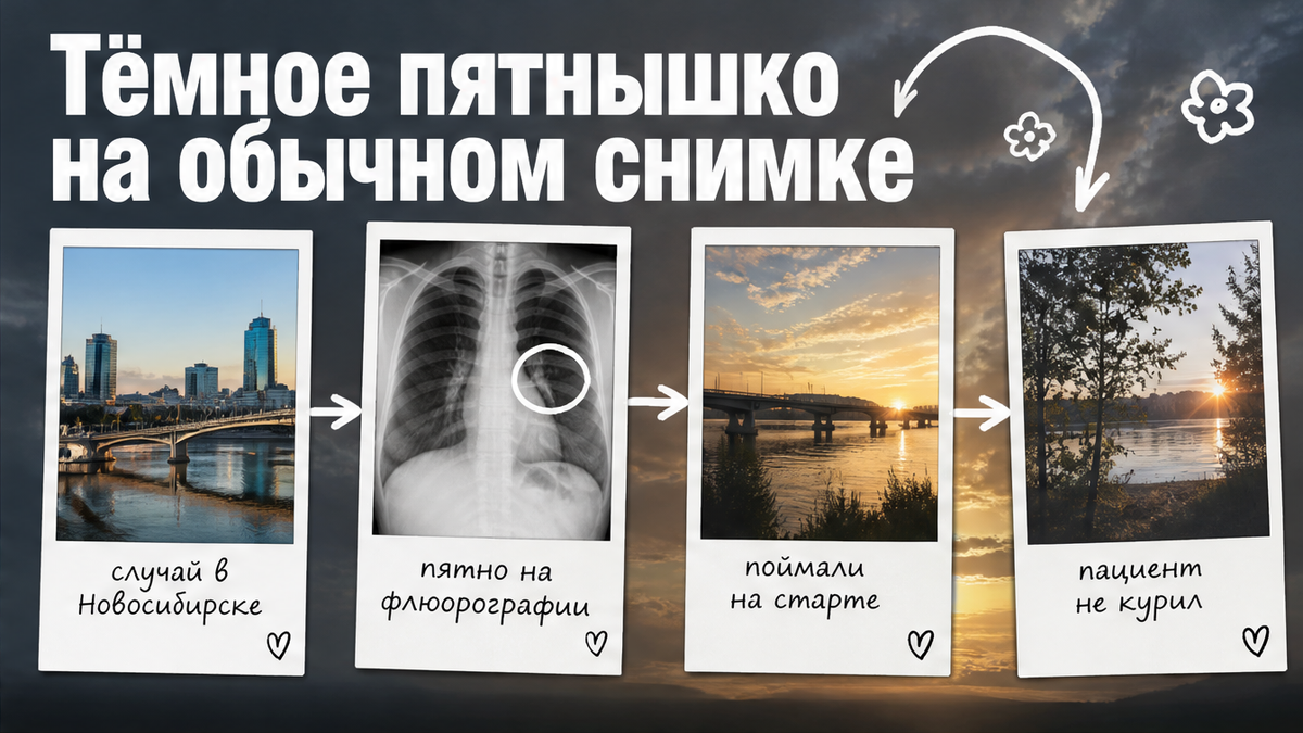 Схема случая: тёмное пятно на флюорографии нашли на ранней стадии