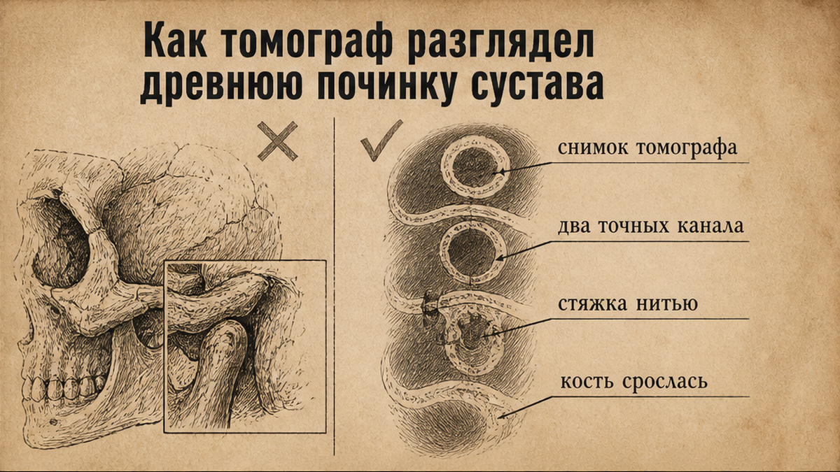 Схема: томограф увидел стяжку челюстного сустава нитью, а не отверстие свода