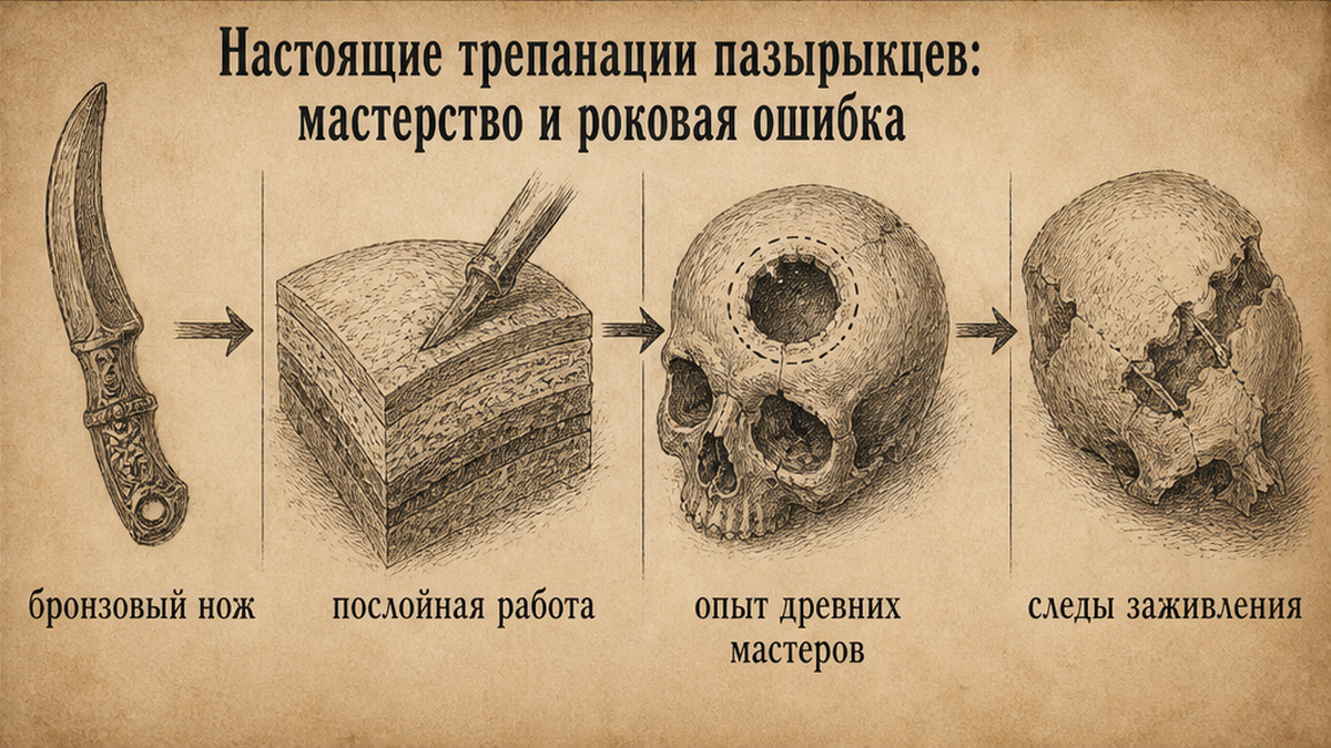 Схема: послойная работа бронзовым ножом и следы заживления у пазырыкцев