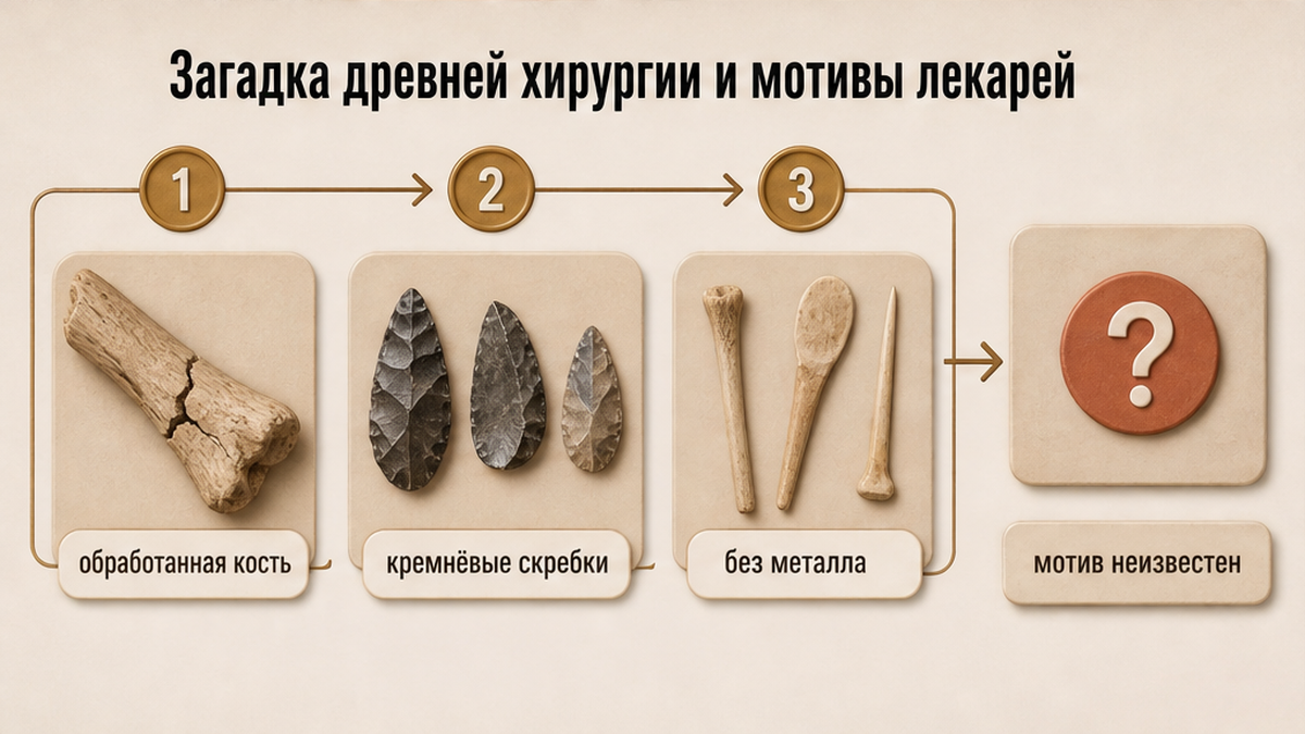 Схема: кремнёвые скребки и возможные мотивы древних лекарей без металла