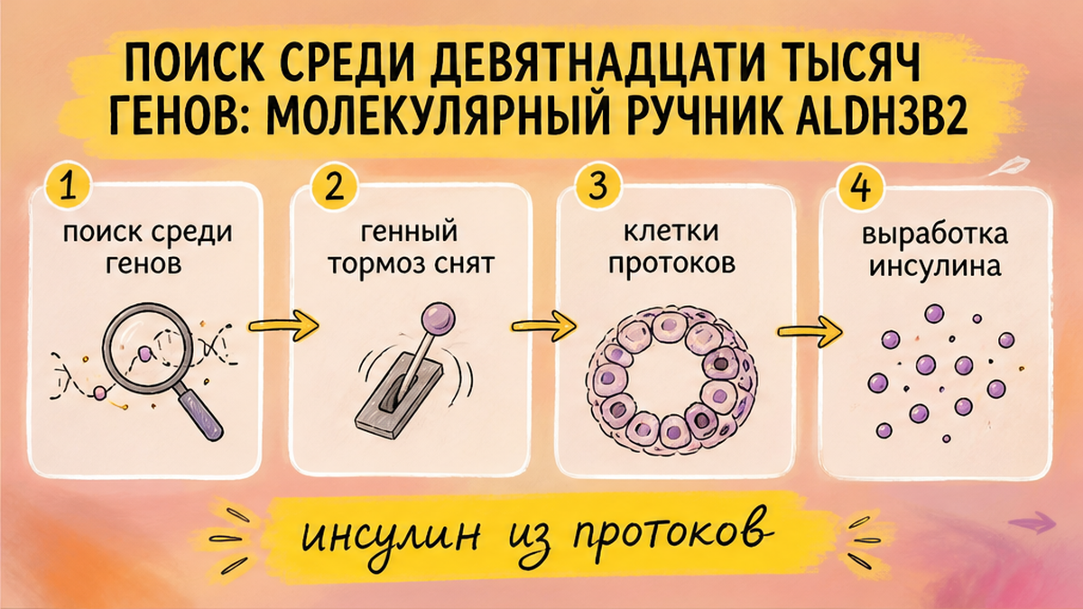 Схема: как снятие генного тормоза ALDH3B2 включает выработку инсулина