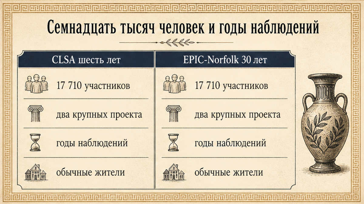 Схема: семнадцать тысяч участников и годы наблюдений в двух проектах