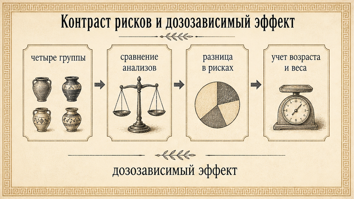 Схема: контраст рисков по четырём группам и дозозависимый эффект
