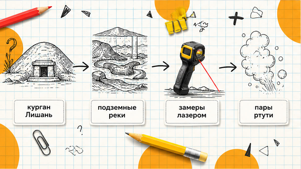 Схема: курган Лишань, подземные реки и лазерные замеры паров ртути