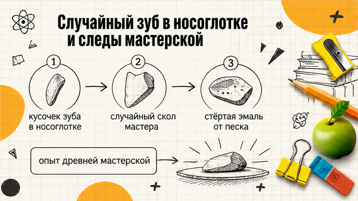 Схема: случайный скол зуба в мастерской и стёртая эмаль от песка