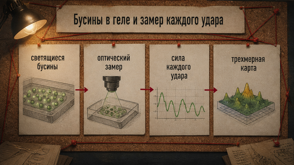 Схема: светящиеся бусины и оптический замер силы каждого удара