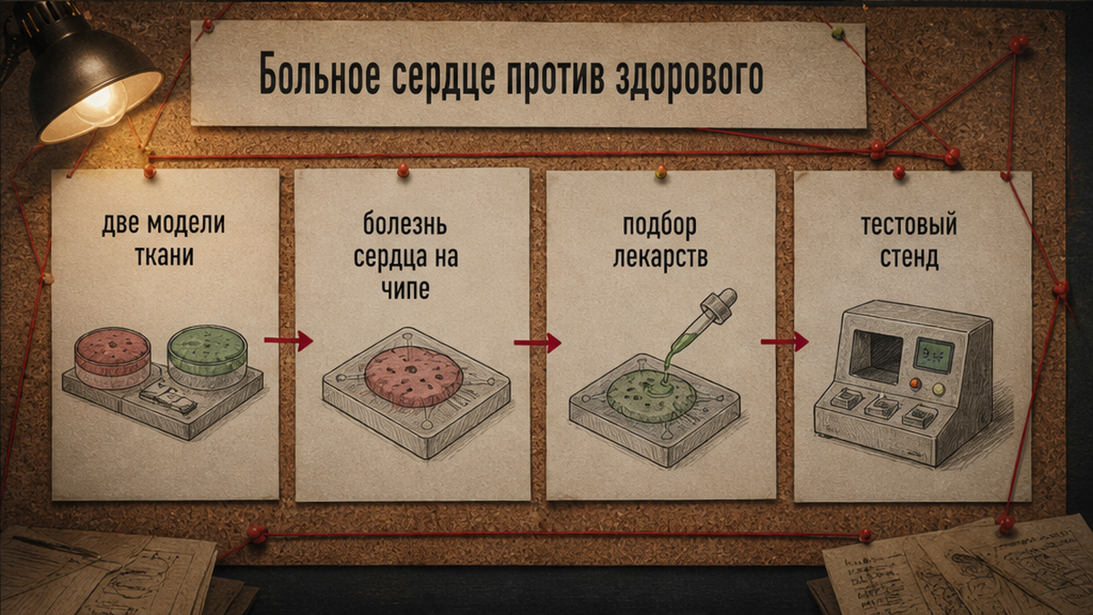 Схема: больная и здоровая сердечная ткань на чипе как тестовый стенд