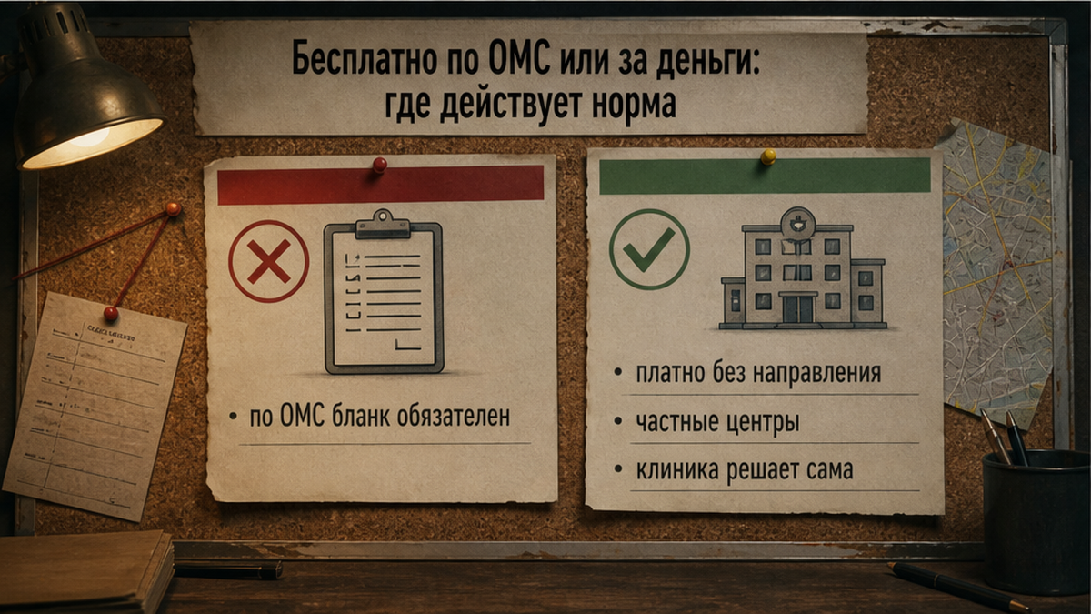 Сравнение: по ОМС направление обязательно, платно в частных клиниках — нет