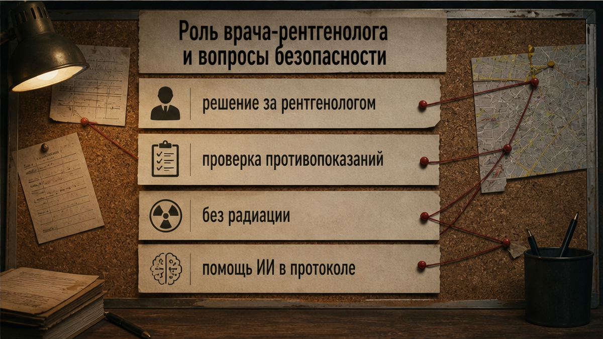 Схема: решение рентгенолога, противопоказания и ИИ в протоколе МРТ