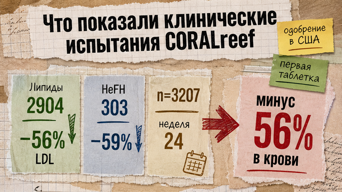 Цифры испытаний CORALreef: холестерин ЛПНП снизился на 56%