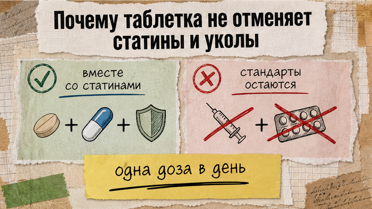 Схема: новая таблетка дополняет статины, а не заменяет их
