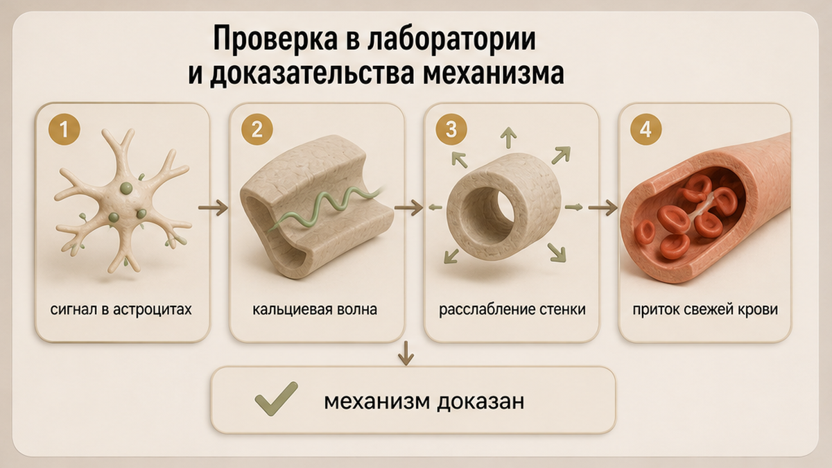 Схема лабораторной проверки: от сигнала в астроцитах к притоку крови