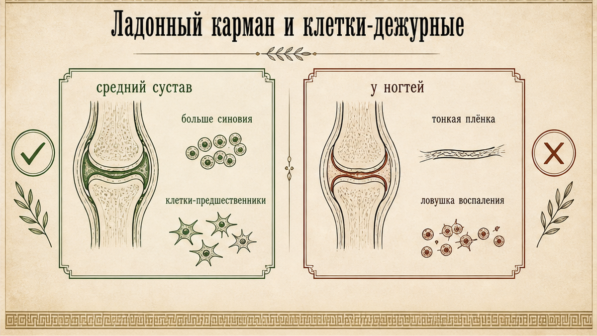 Сравнение: средний сустав пальца копит больше синовия, чем суставы у ногтей