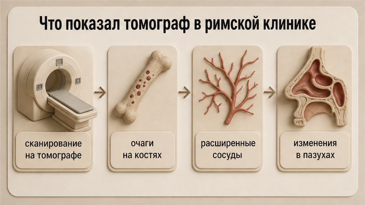 Схема: что показал томограф — очаги на костях, расширенные сосуды и изменения пазух