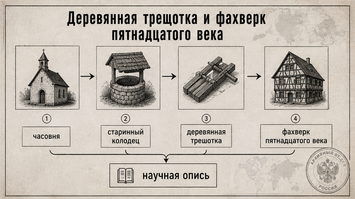 Схема: фахверк, трещотка и колодец средневекового приюта